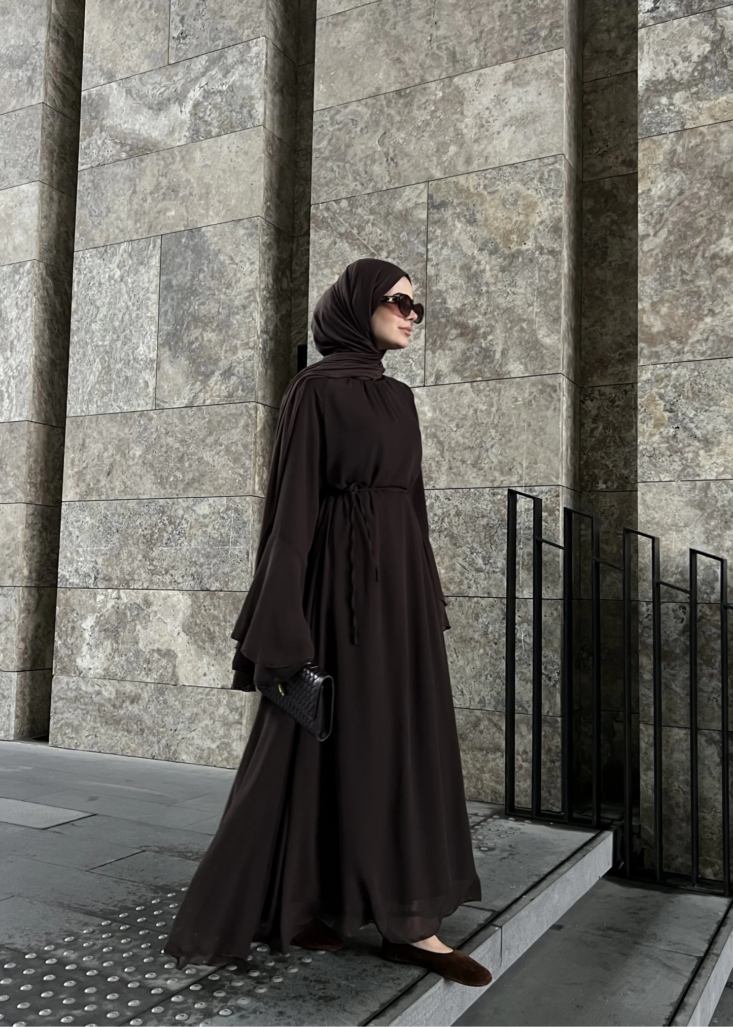 Brown Chiffon Dress with Ruffled Sleeves