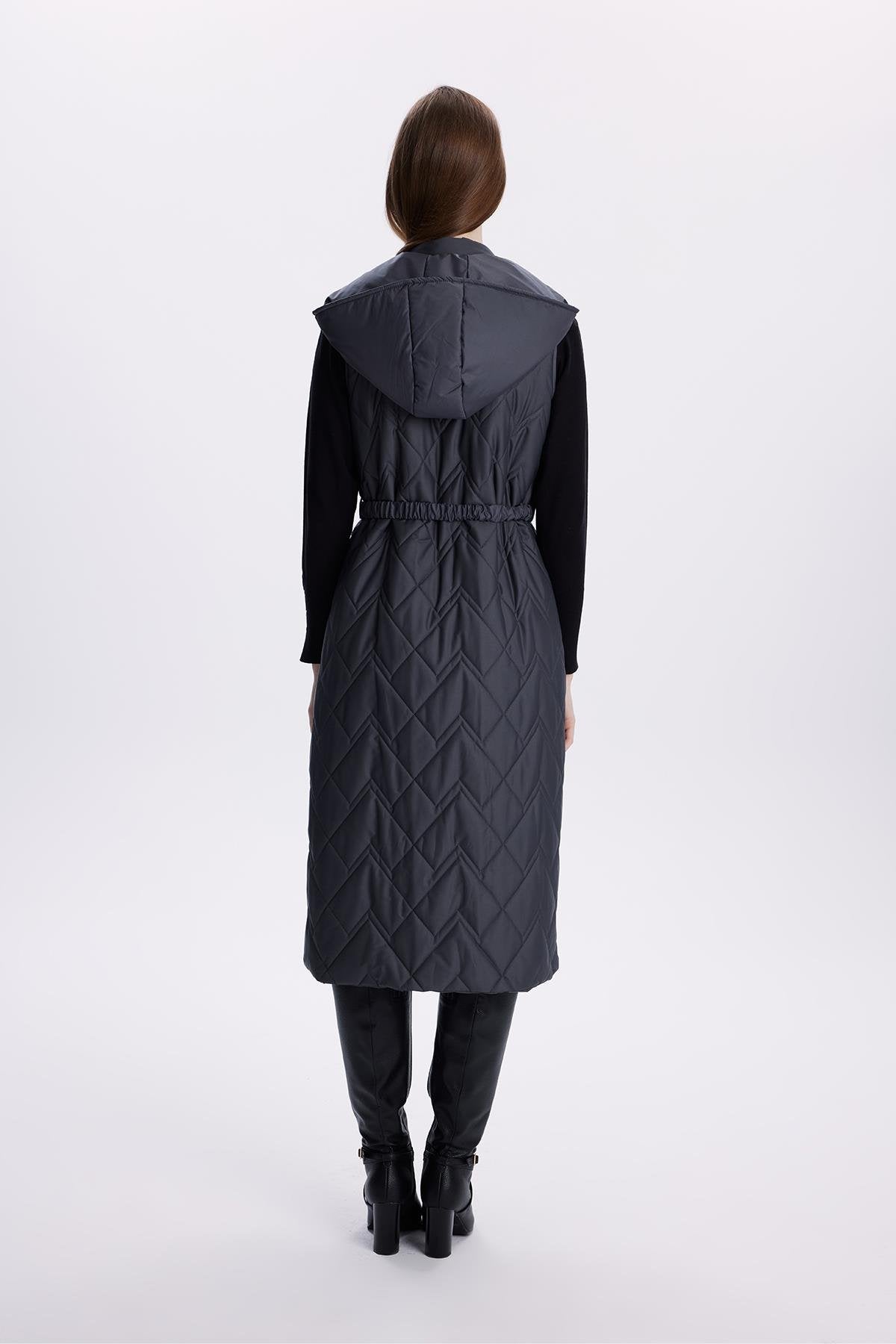 Hooded Long Quilted Puffer Vest – Black