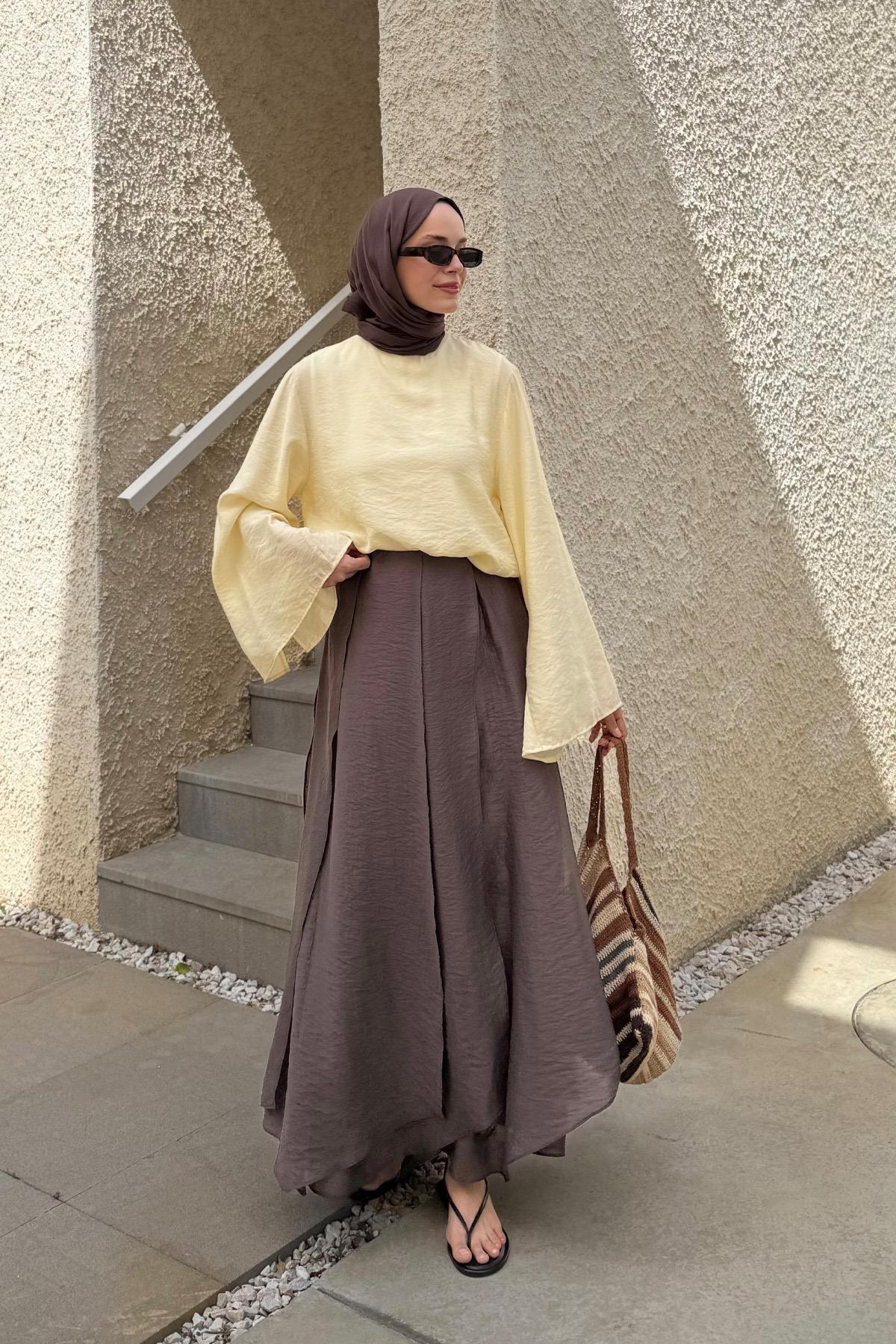 Asymmetric Detail Midi Skirt in Brown