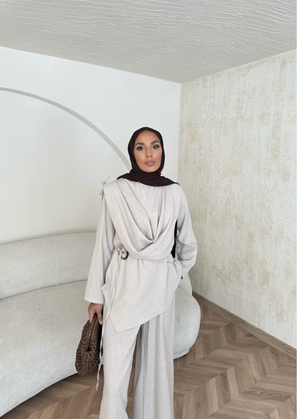 Beige Linen Shawl Collar Set