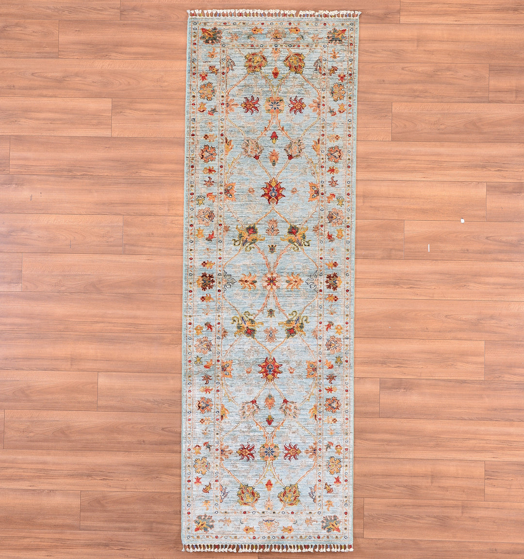SULTANİ BİNBİRGECE YOLLUK ORJİNAL EL DOKUMASI TURKUAZ KÖK BOYA YÜN HALI 0.84X257 2.16 METREKARE - 2X8 FT