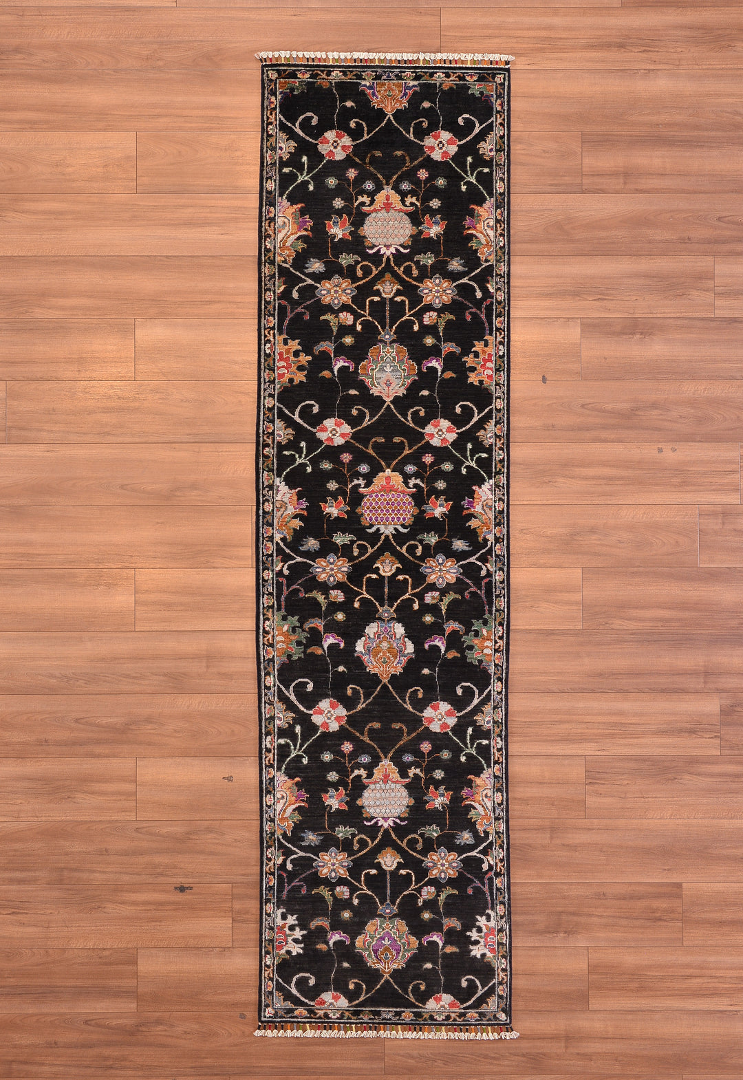 SULTANİ ÇİÇEKLİ YOLLUK ORJİNAL EL DOKUMASI SİYAH KÖK BOYA YÜN HALI 0.76X295 2.24 METREKARE - 2X10 FT