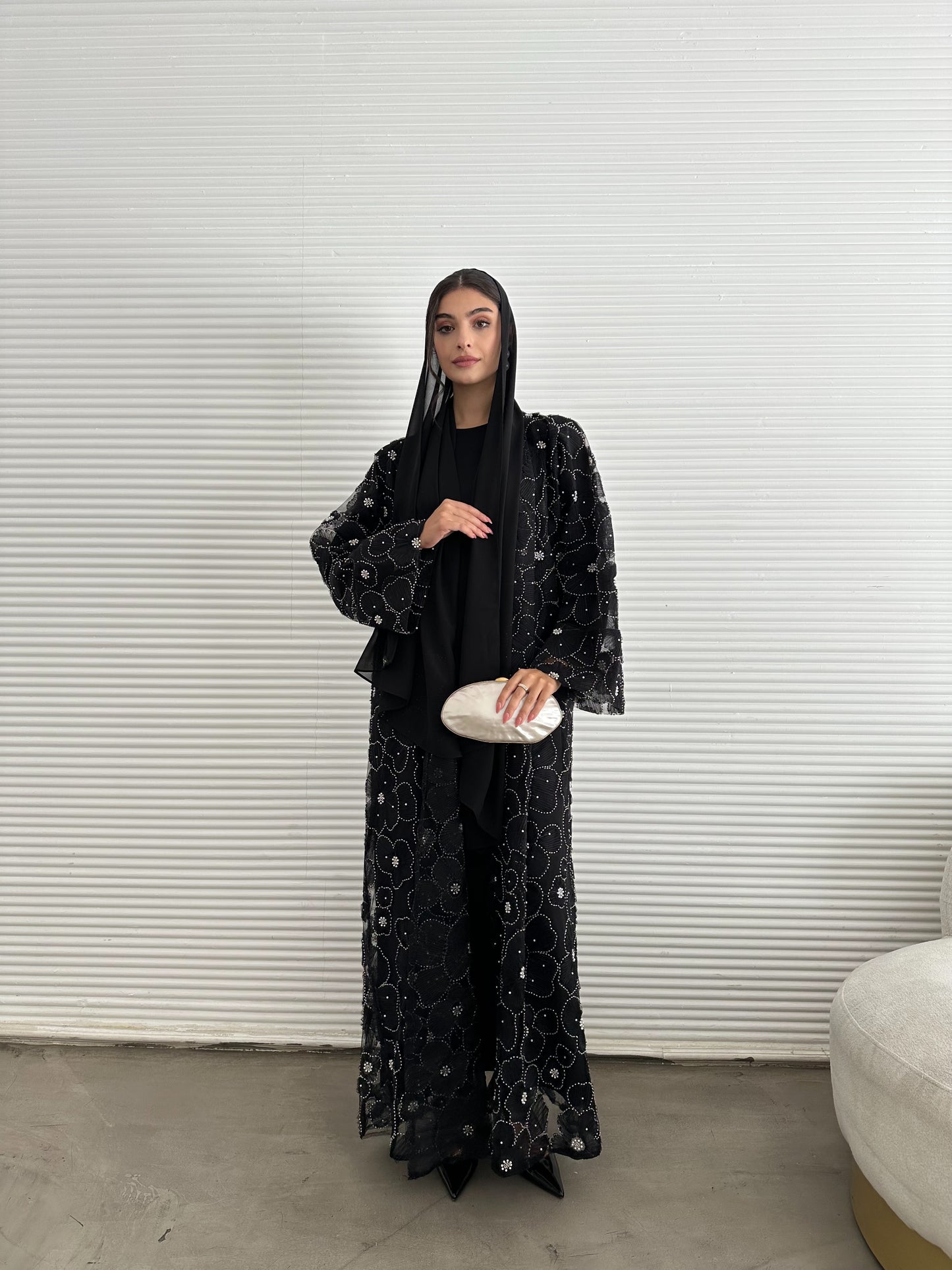 Pastel Pearls 3-Piece Abaya Set – Black (Limited Edition)