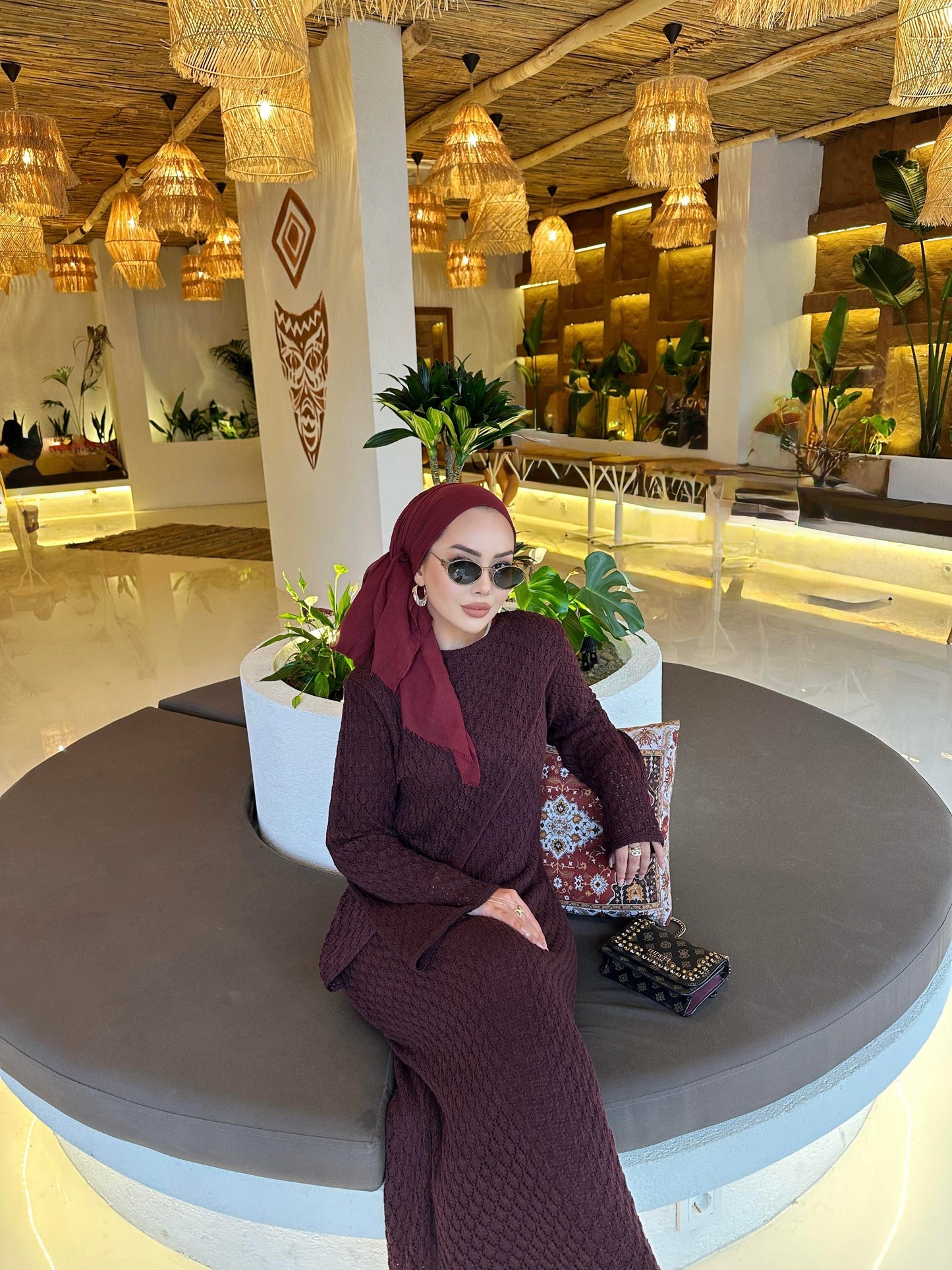 Burgundy Lined Openwork Knit Dress