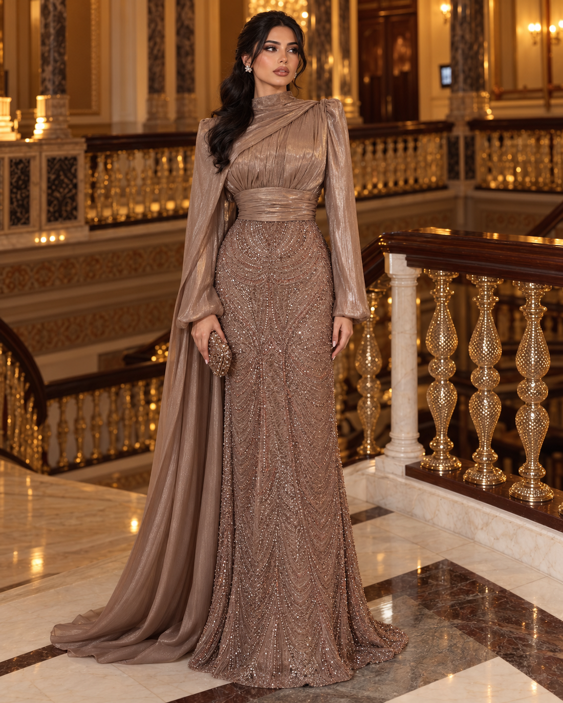 Lily Rose Modest Evening Dress - Caramel