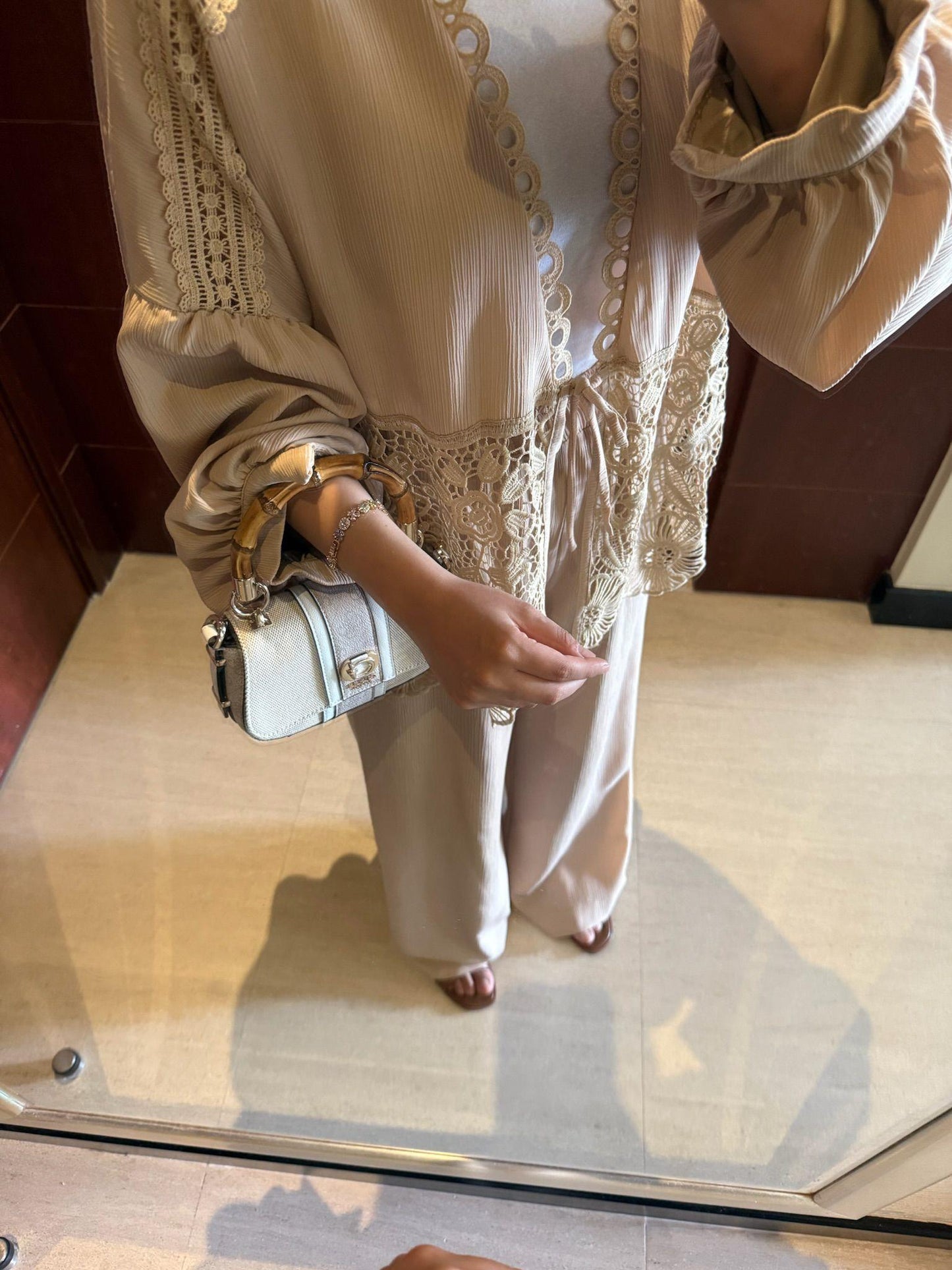 Lace-Trimmed Beige Crinkle Fabric Kimono & Pants Set