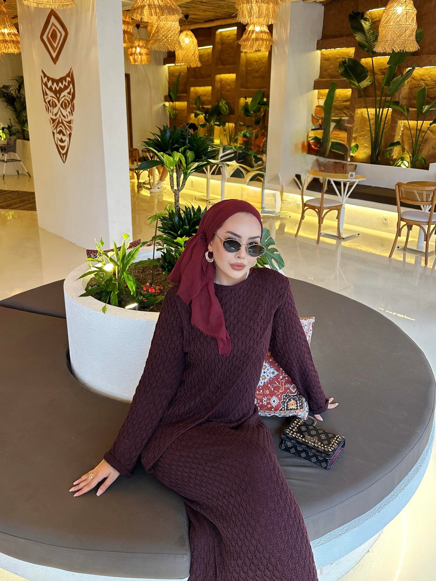 Burgundy Lined Openwork Knit Dress