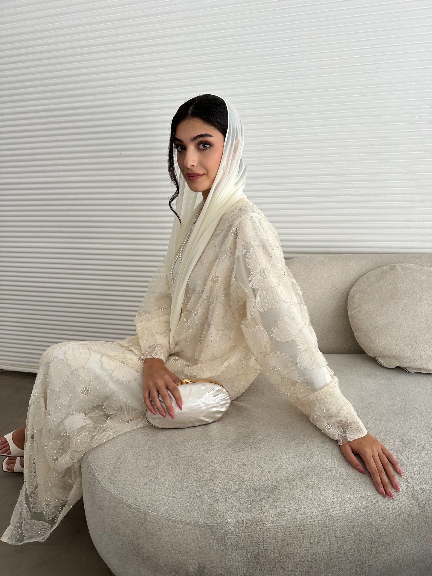 Pastel Pearls 3-Piece Abaya Set – Cream (Limited Edition)