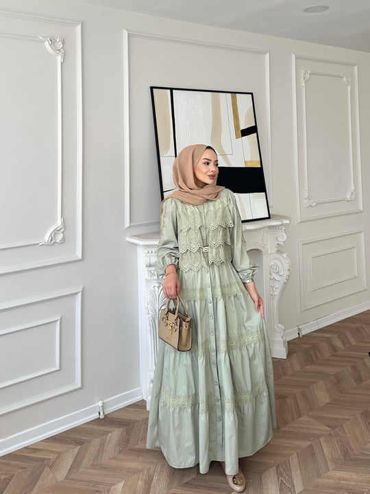 Sage Green Dress with Lace Details