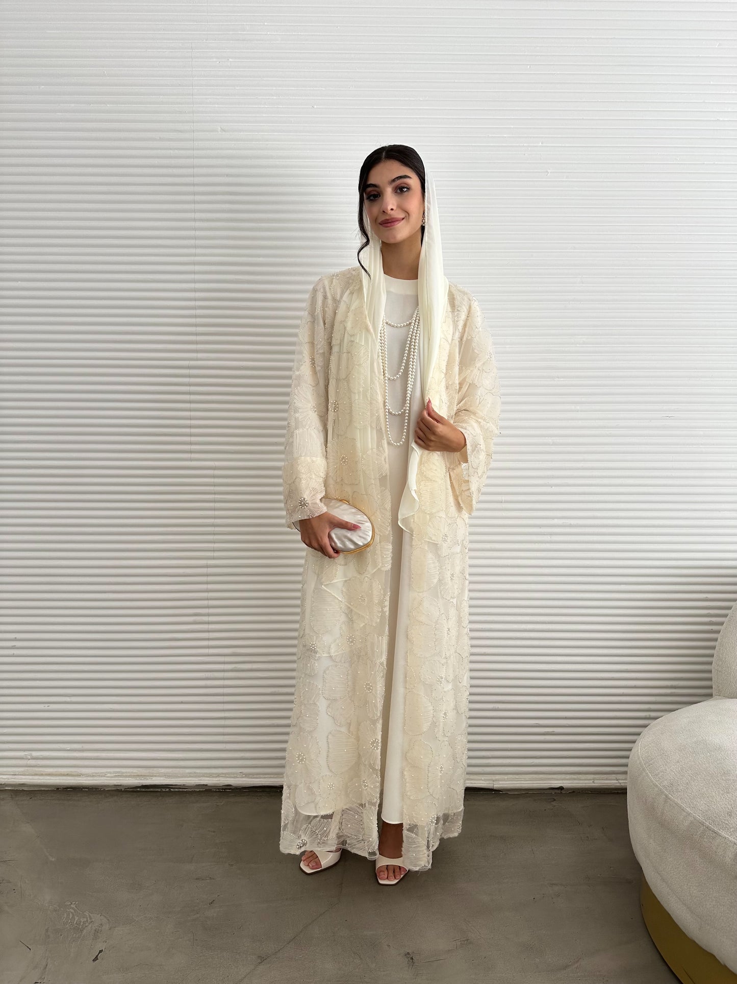 Pastel Pearls 3-Piece Abaya Set – Cream (Limited Edition)