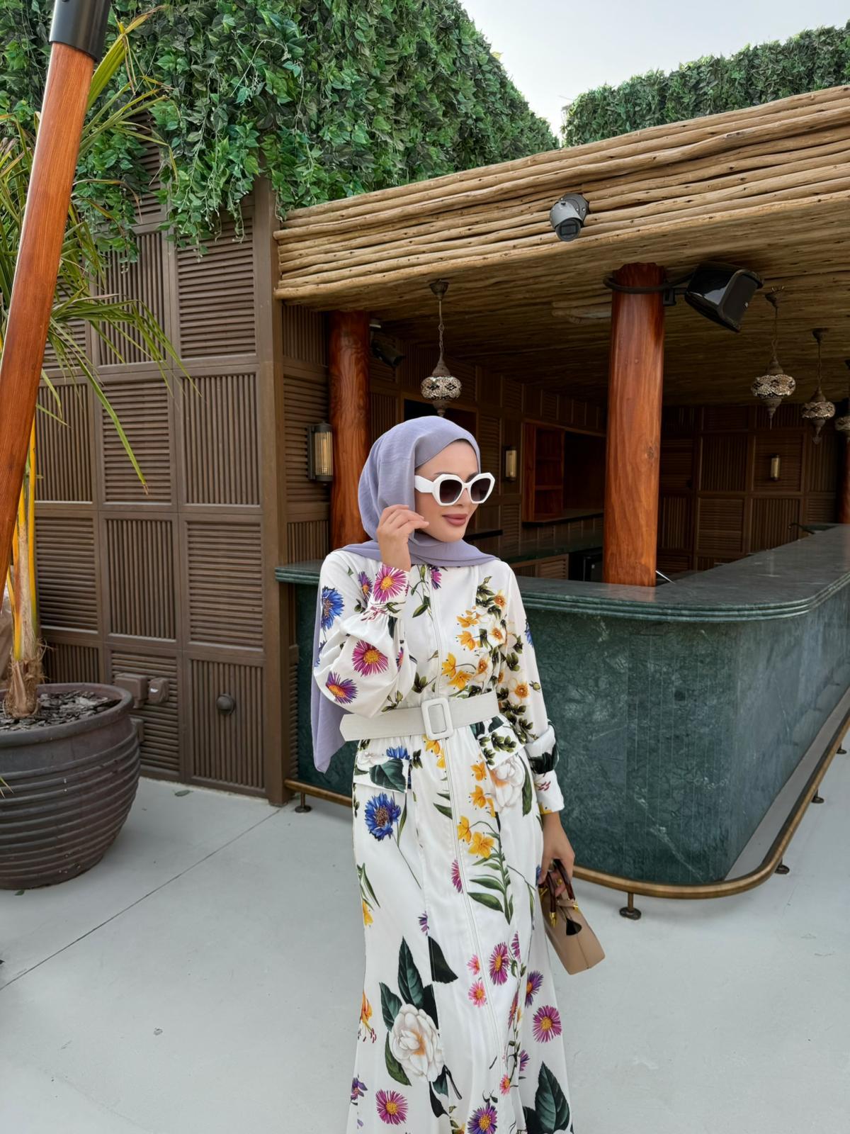 Floral White Belted Dress