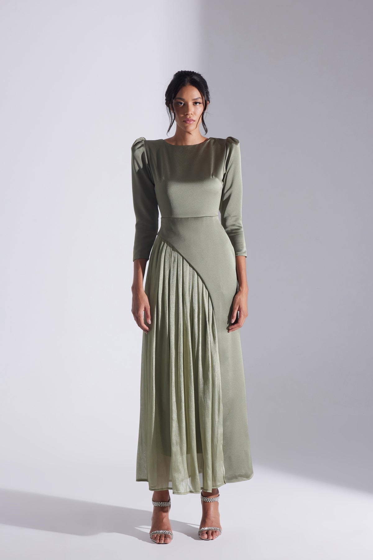 Sage Green Asymmetric Detailed Chiffon Skirt Wedding Dress