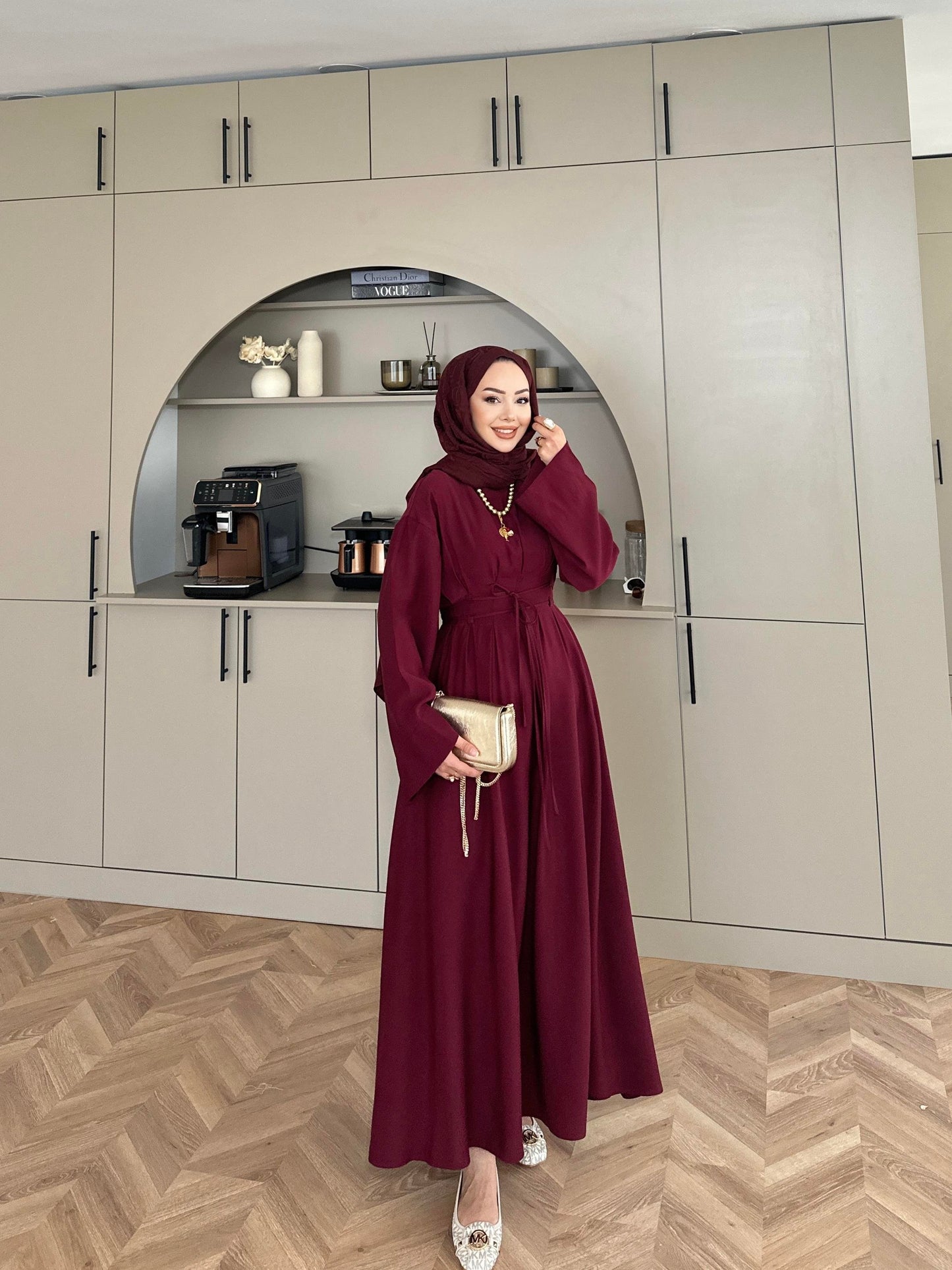 Fitted Waist Maxi Dress in Modal Fabric- Bordeux