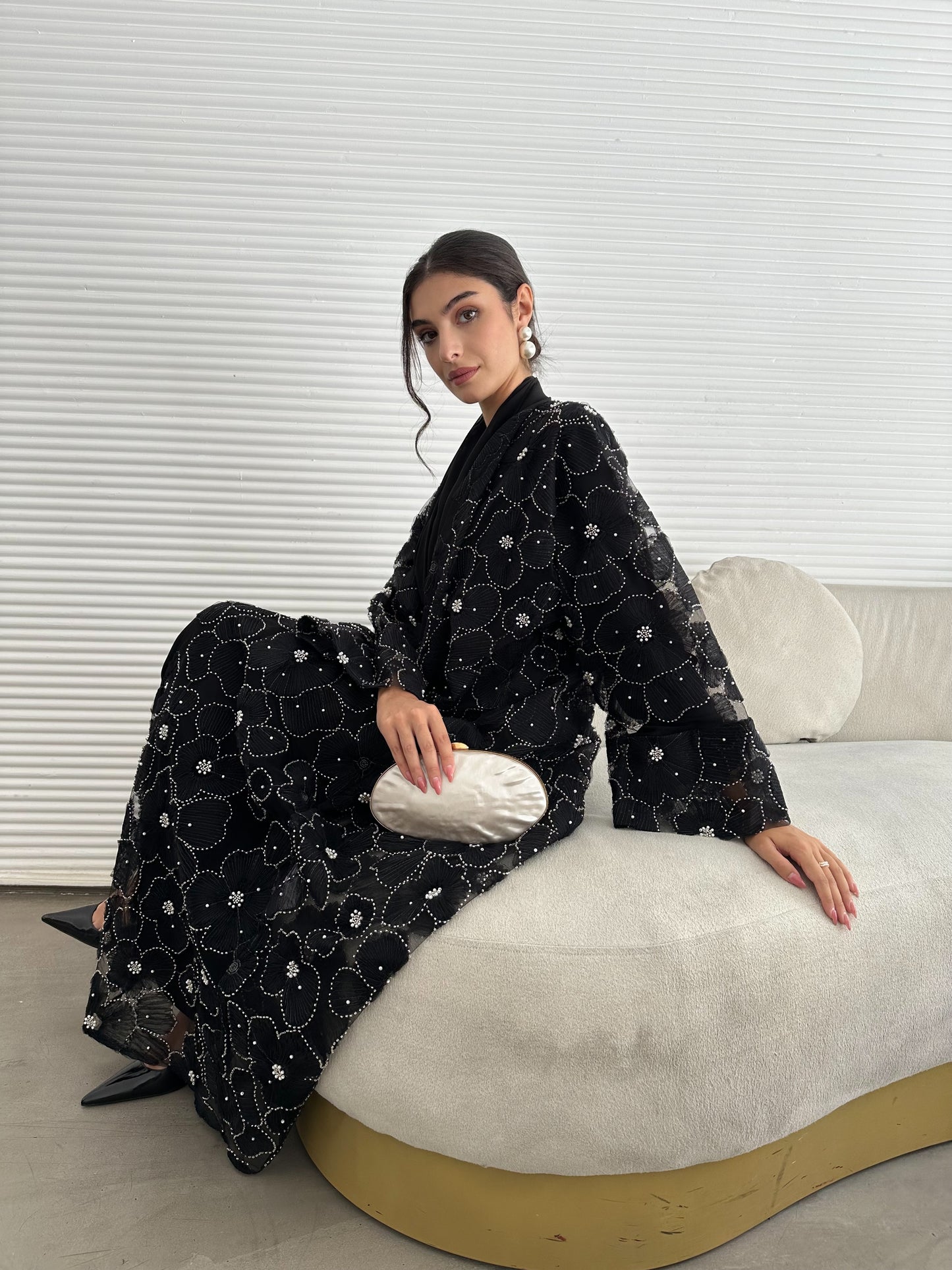 Pastel Pearls 3-Piece Abaya Set – Black (Limited Edition)