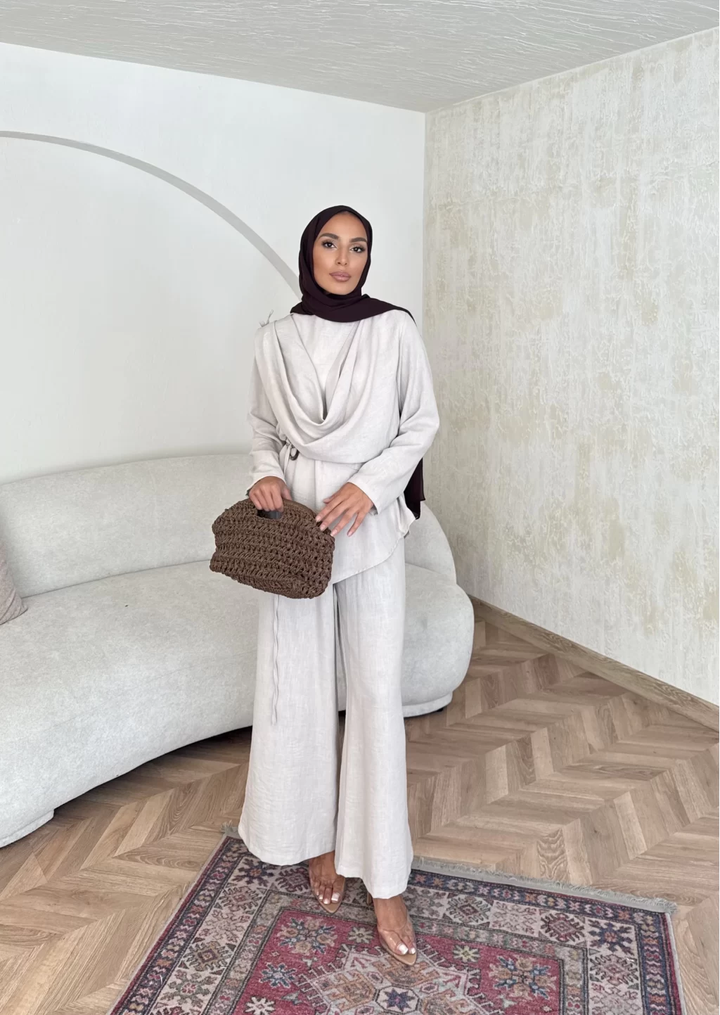 Beige Linen Shawl Collar Set