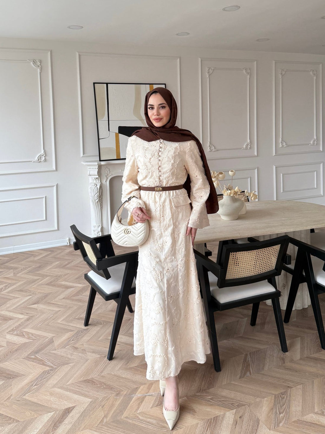Guipure Lace Maxi Dress with Button Detail — Modest Formal Evening Wear
