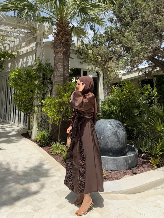 Layla Satin Brown Evening Dress with Ruffle Detail