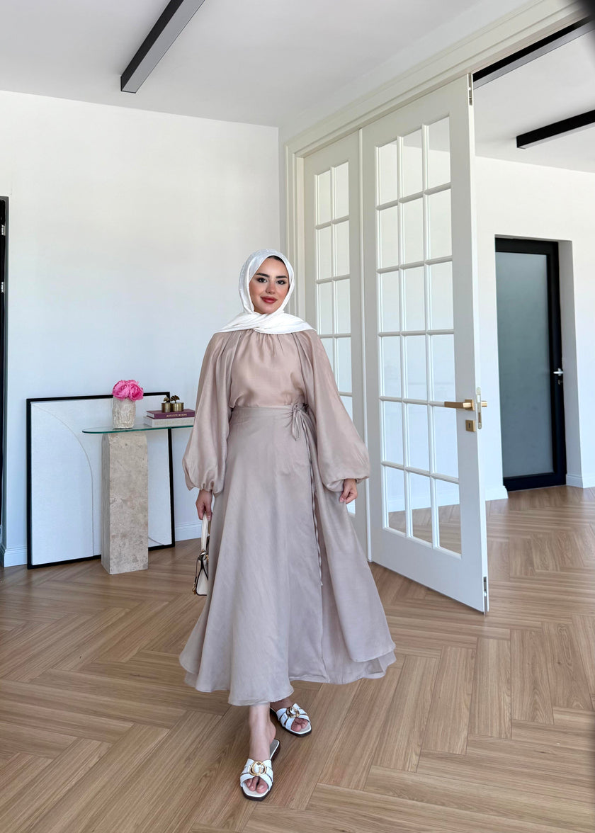 Soft Candy Tie-Front Skirt & Puff Sleeve Blouse Set Taupe