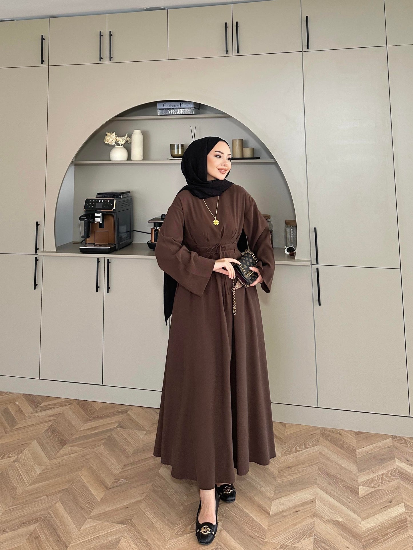Fitted Waist Maxi Dress in Modal Fabric- Brown