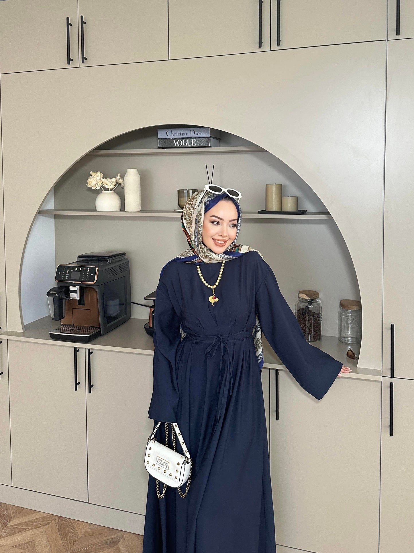 Fitted Waist Maxi Dress in Modal Fabric- Navy Blue