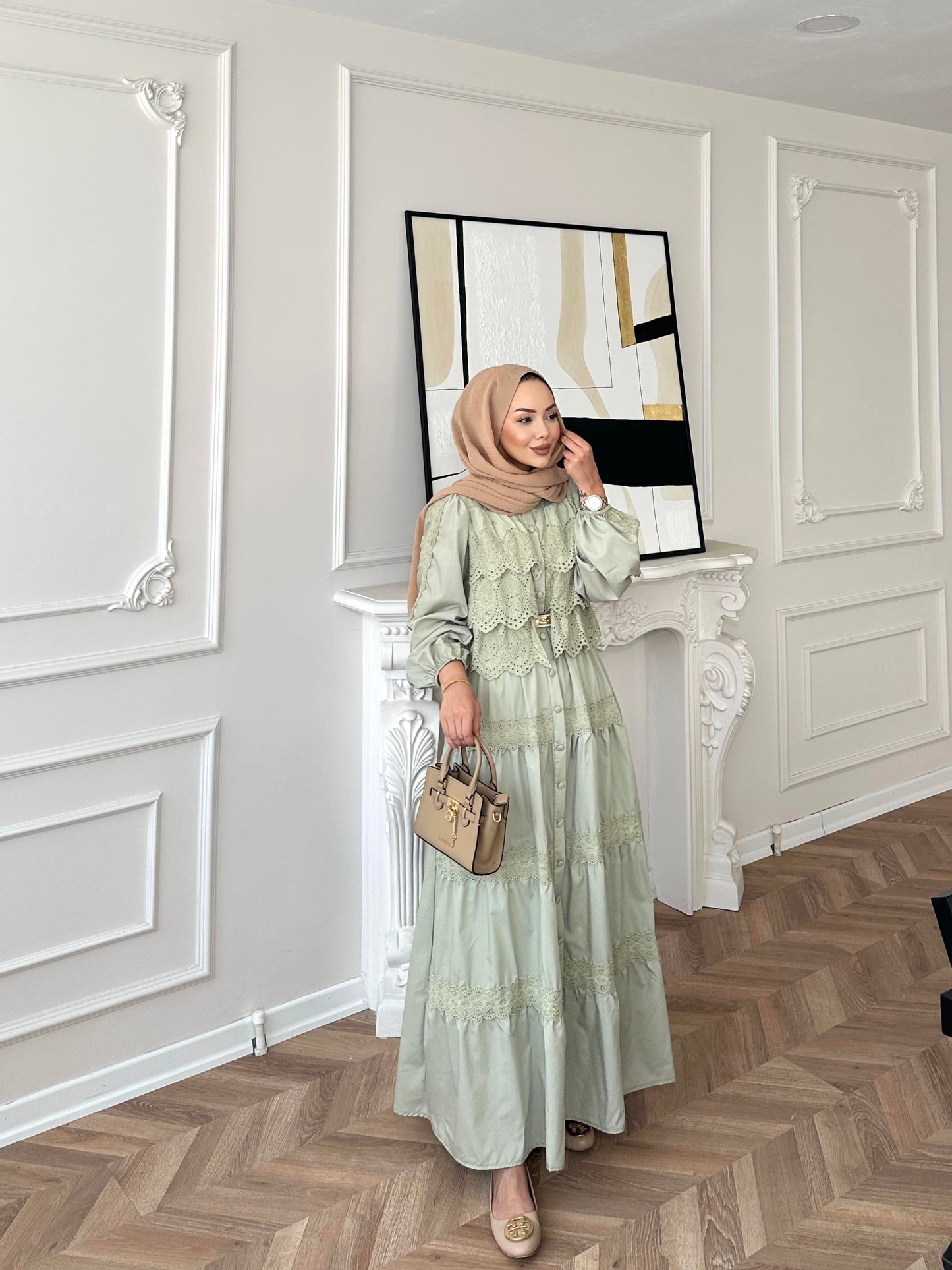 Sage Green Dress with Lace Details