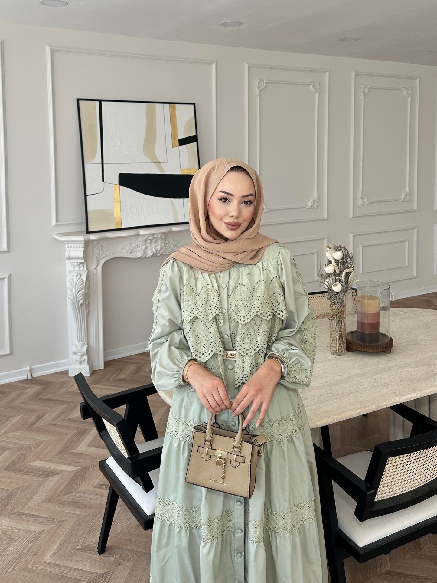 Sage Green Dress with Lace Details