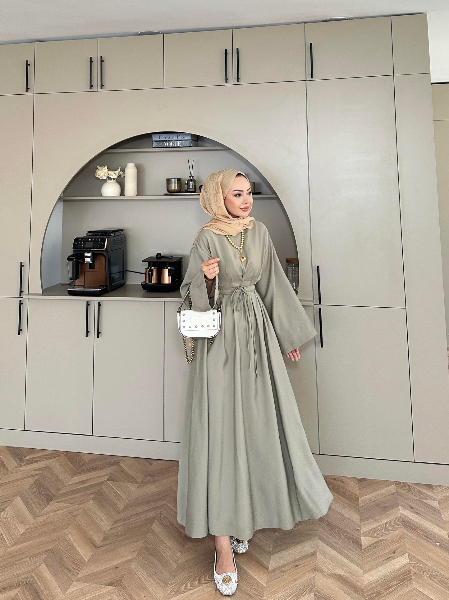 Fitted Waist Maxi Dress in Modal Fabric- Khaki