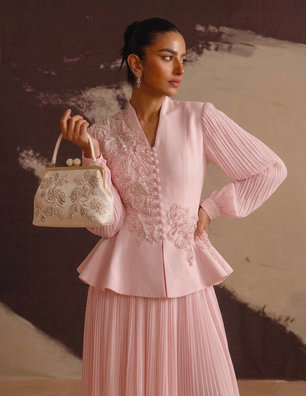 Limited Collection Peplum Jacket & Pleated Maxi Skirt Set – 3D Floral Embroidered Evening Ensemble