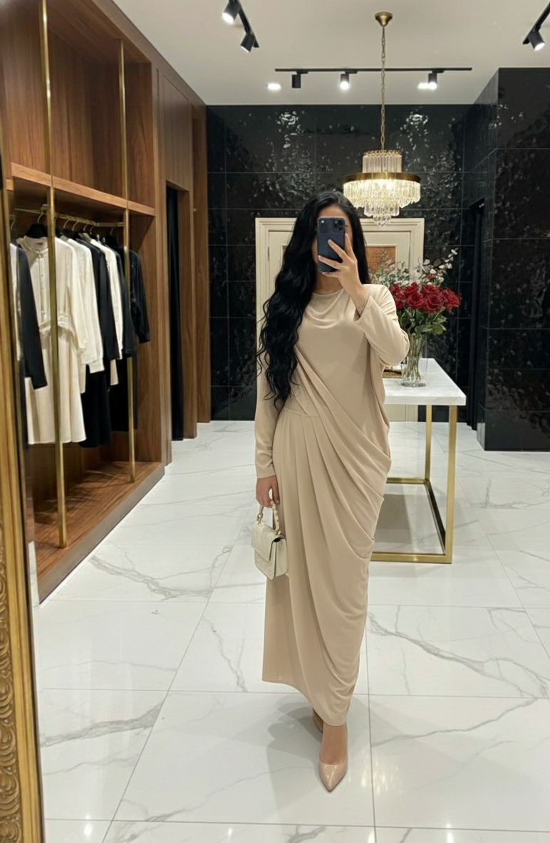 Beige Drape Detail Maxi Dress