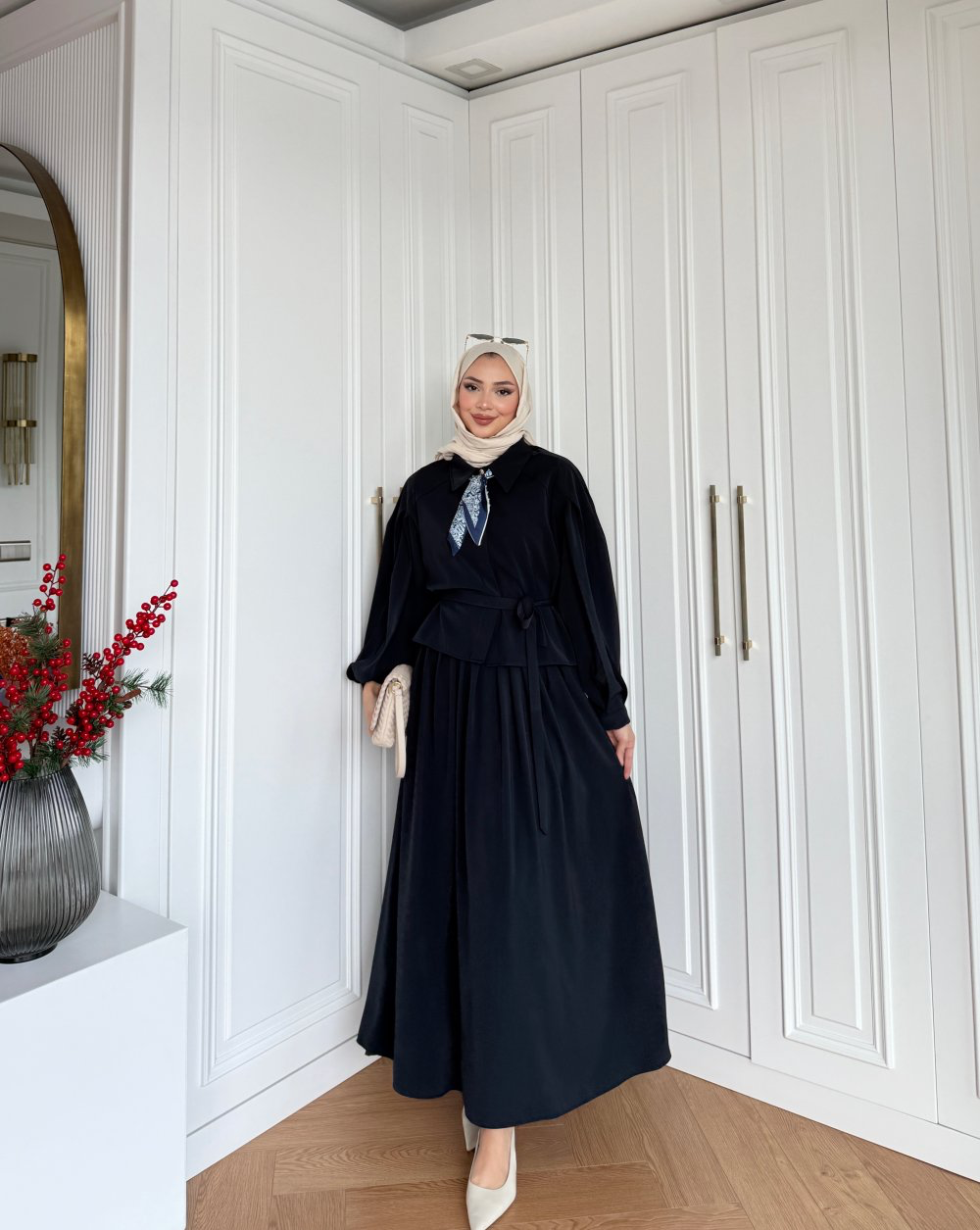 Chic Skirt Set in Navy Blue with scarf