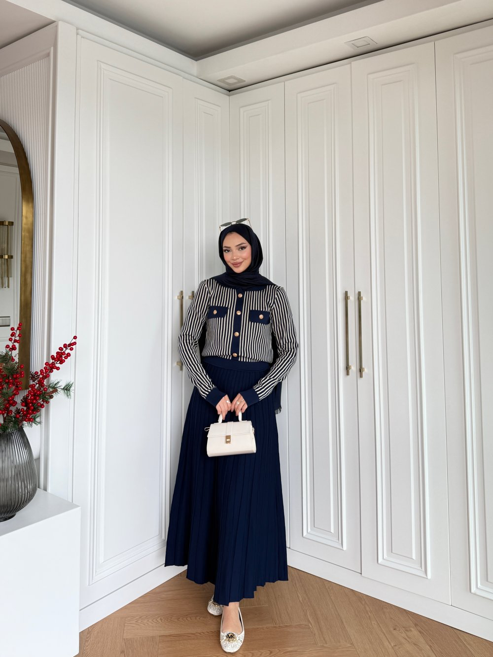 Premium Knit Pleated Skirt Set – Navy