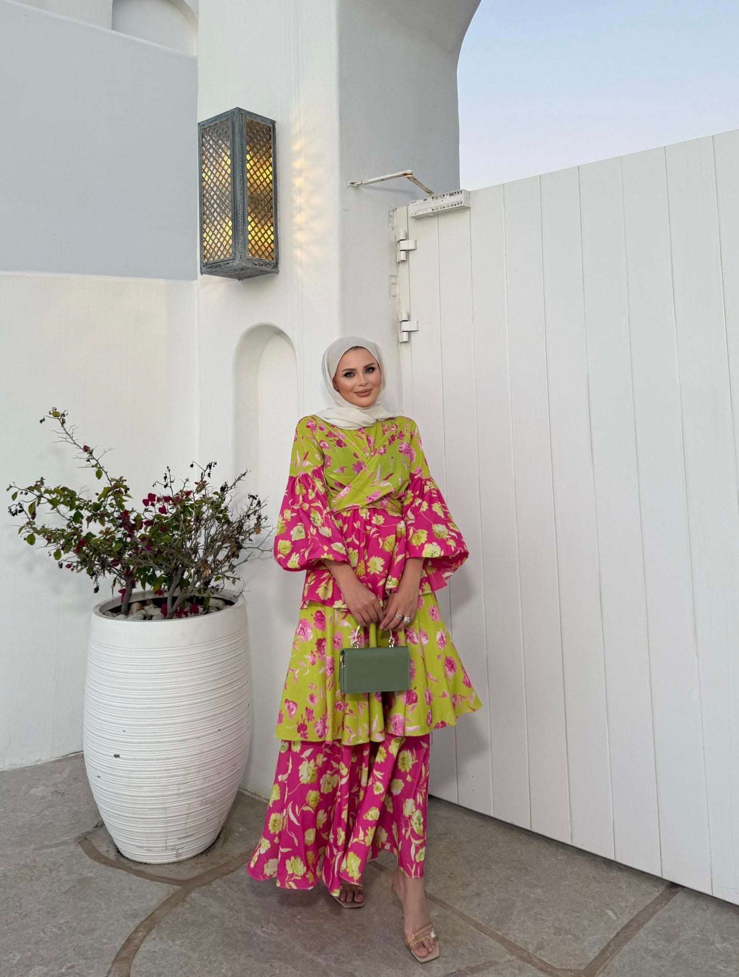 Layered Ruffle Dress with Vintage Floral Print in Lime Green