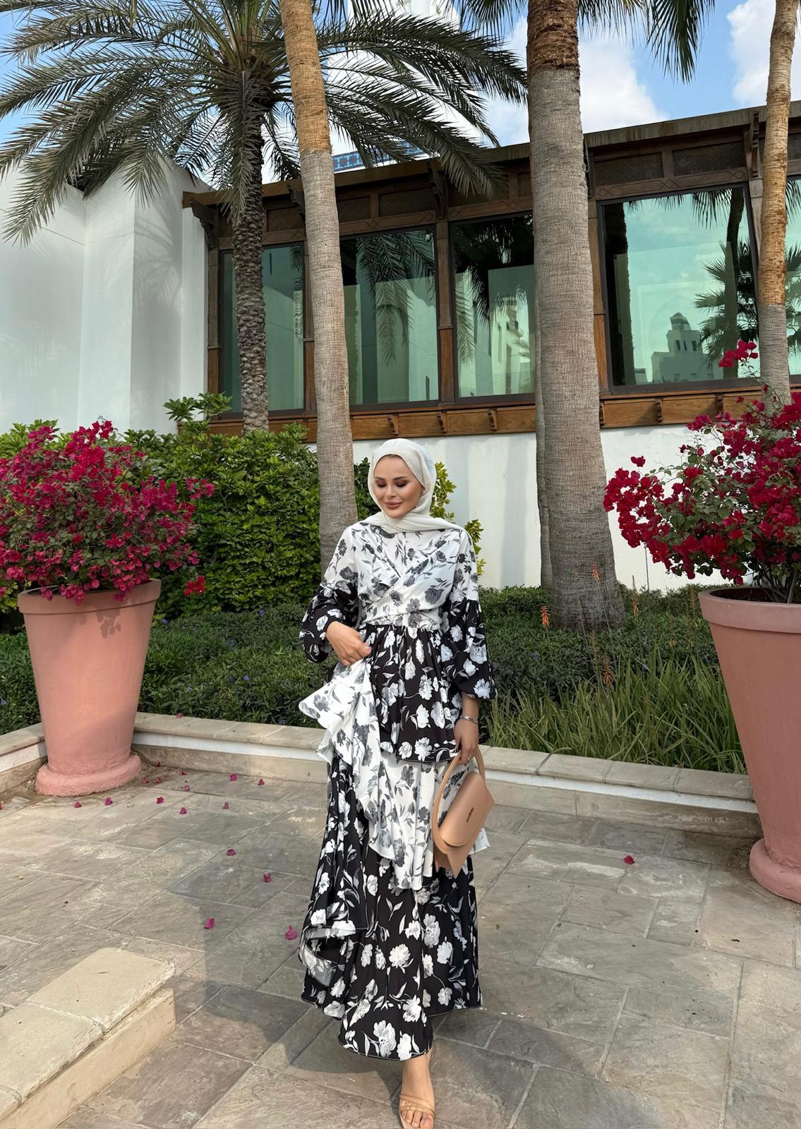 Layered Ruffle Dress with Vintage Floral Print in Black