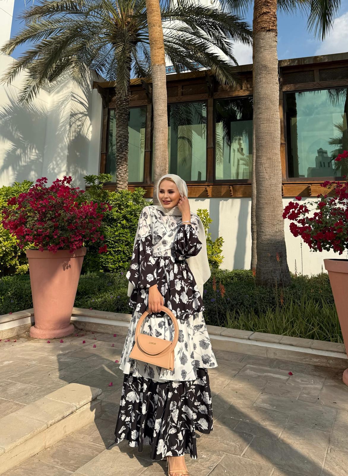 Layered Ruffle Dress with Vintage Floral Print in Black