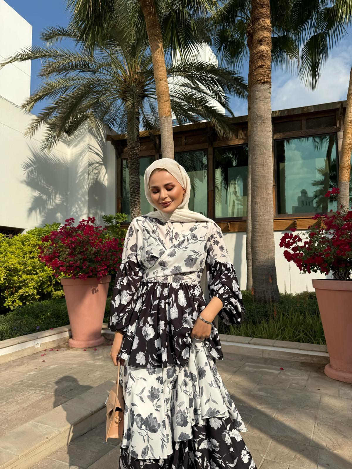 Layered Ruffle Dress with Vintage Floral Print in Black