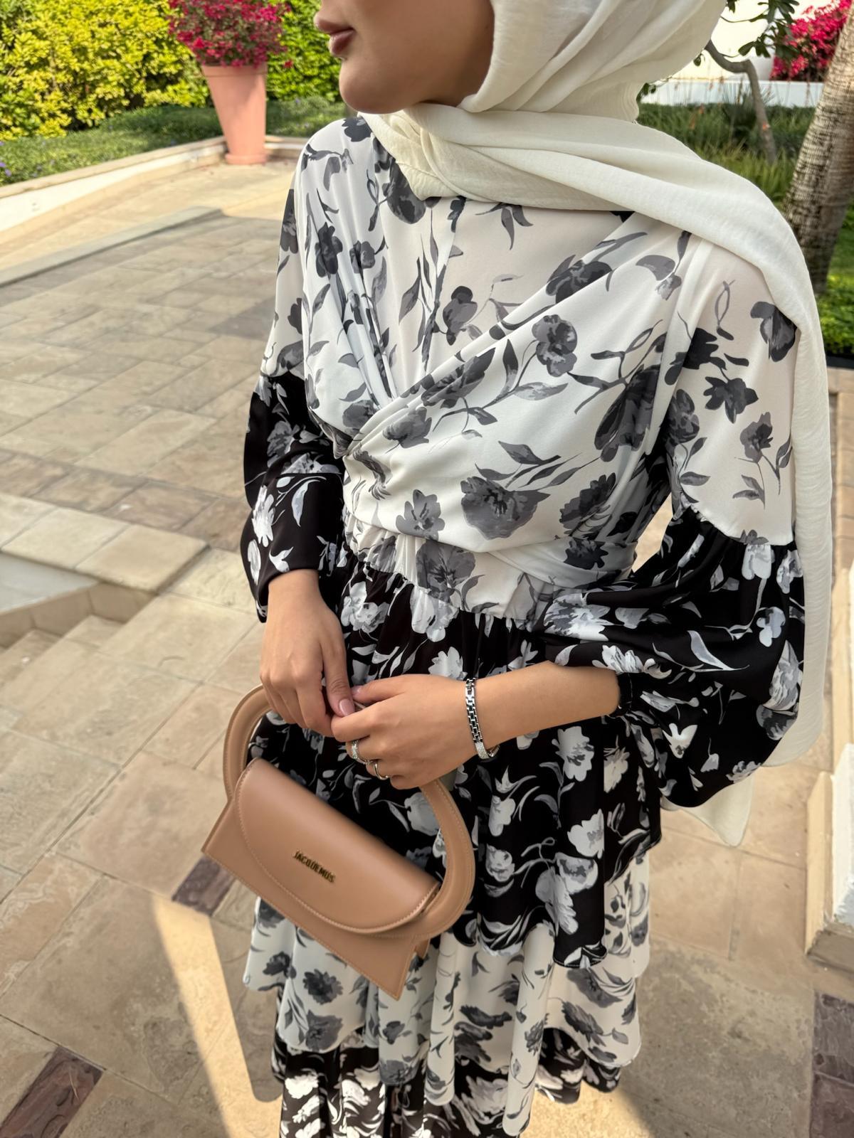 Layered Ruffle Dress with Vintage Floral Print in Black