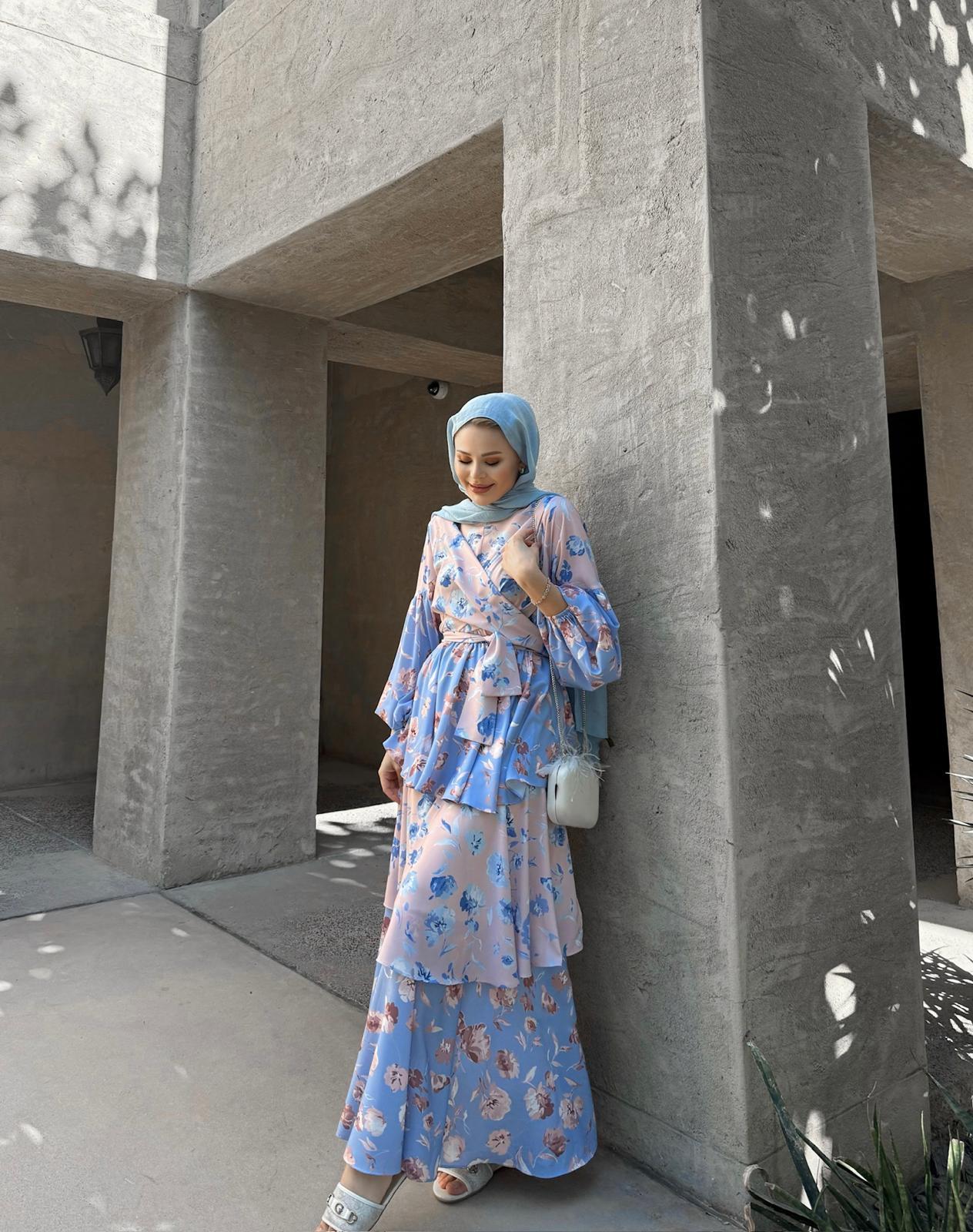 Layered Ruffle Dress with Vintage Floral Print in Baby Blue