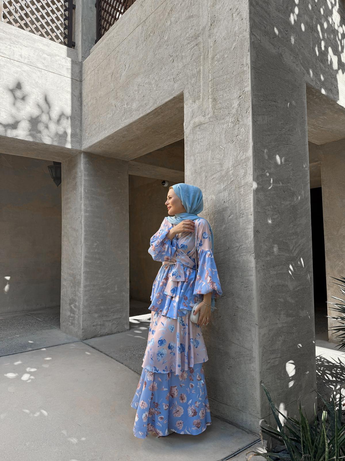 Layered Ruffle Dress with Vintage Floral Print in Baby Blue