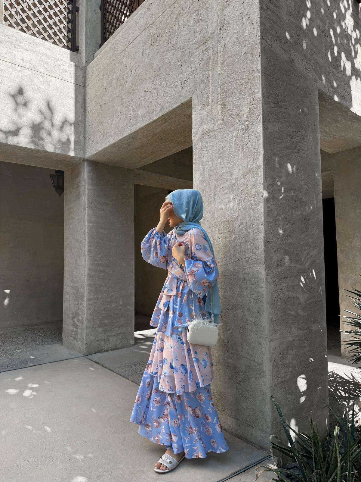Layered Ruffle Dress with Vintage Floral Print in Baby Blue