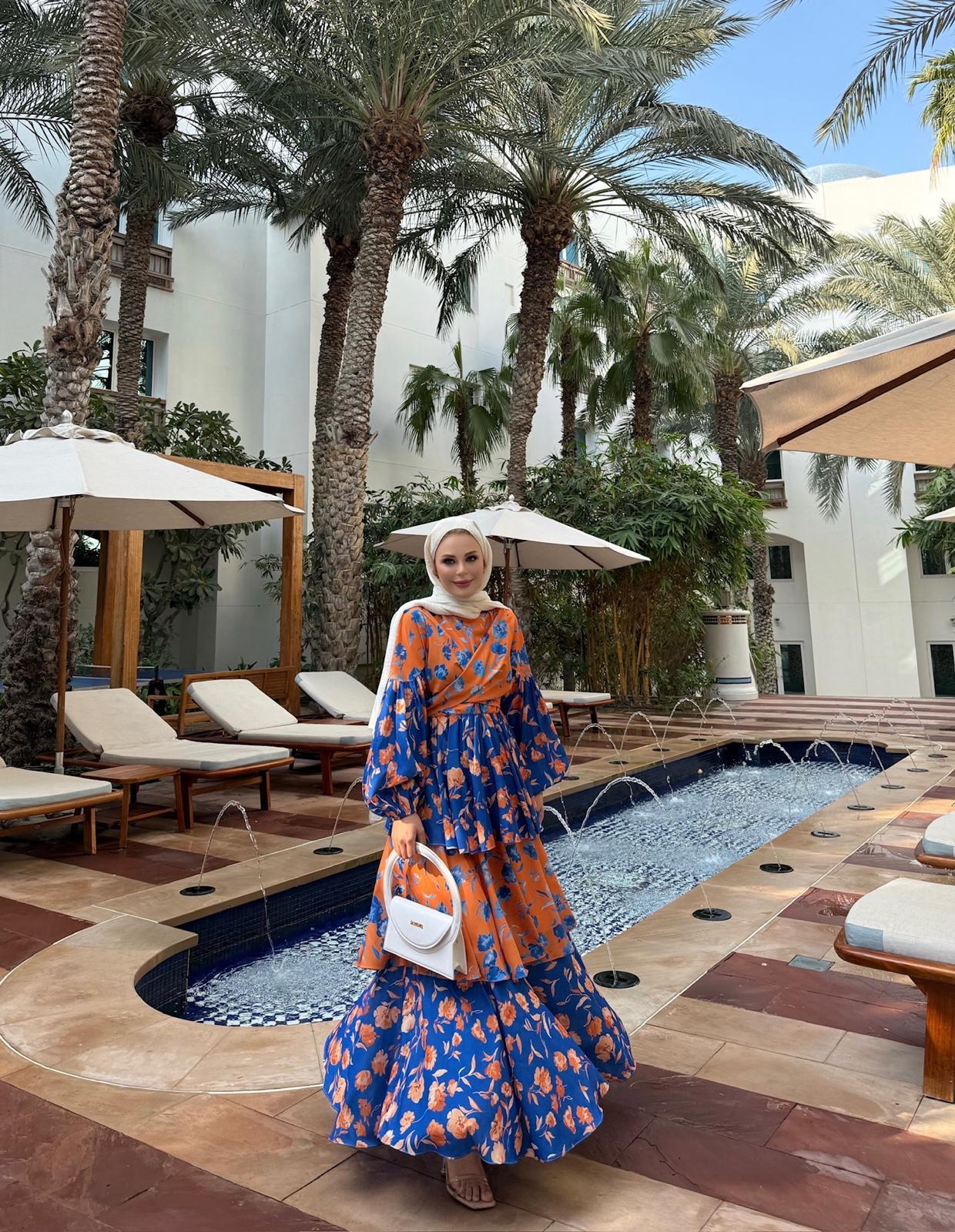 Layered Ruffle Dress with Vintage Floral Print in Orange