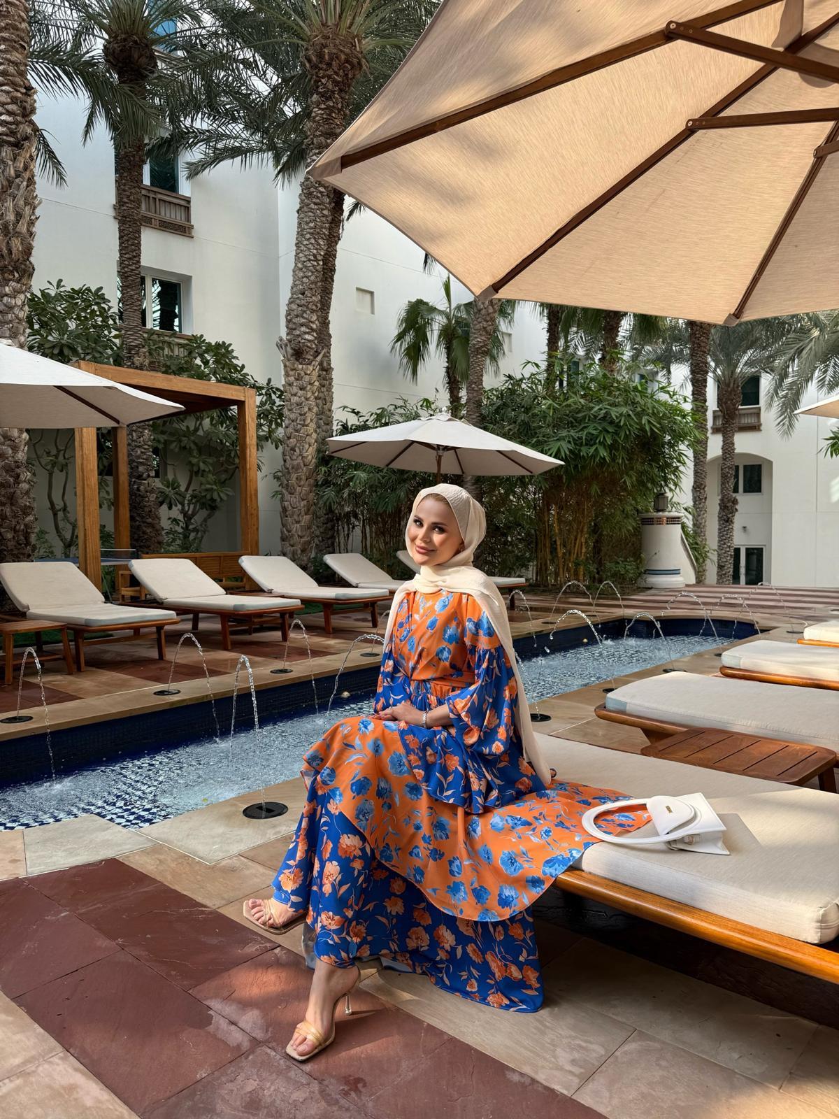 Layered Ruffle Dress with Vintage Floral Print in Orange