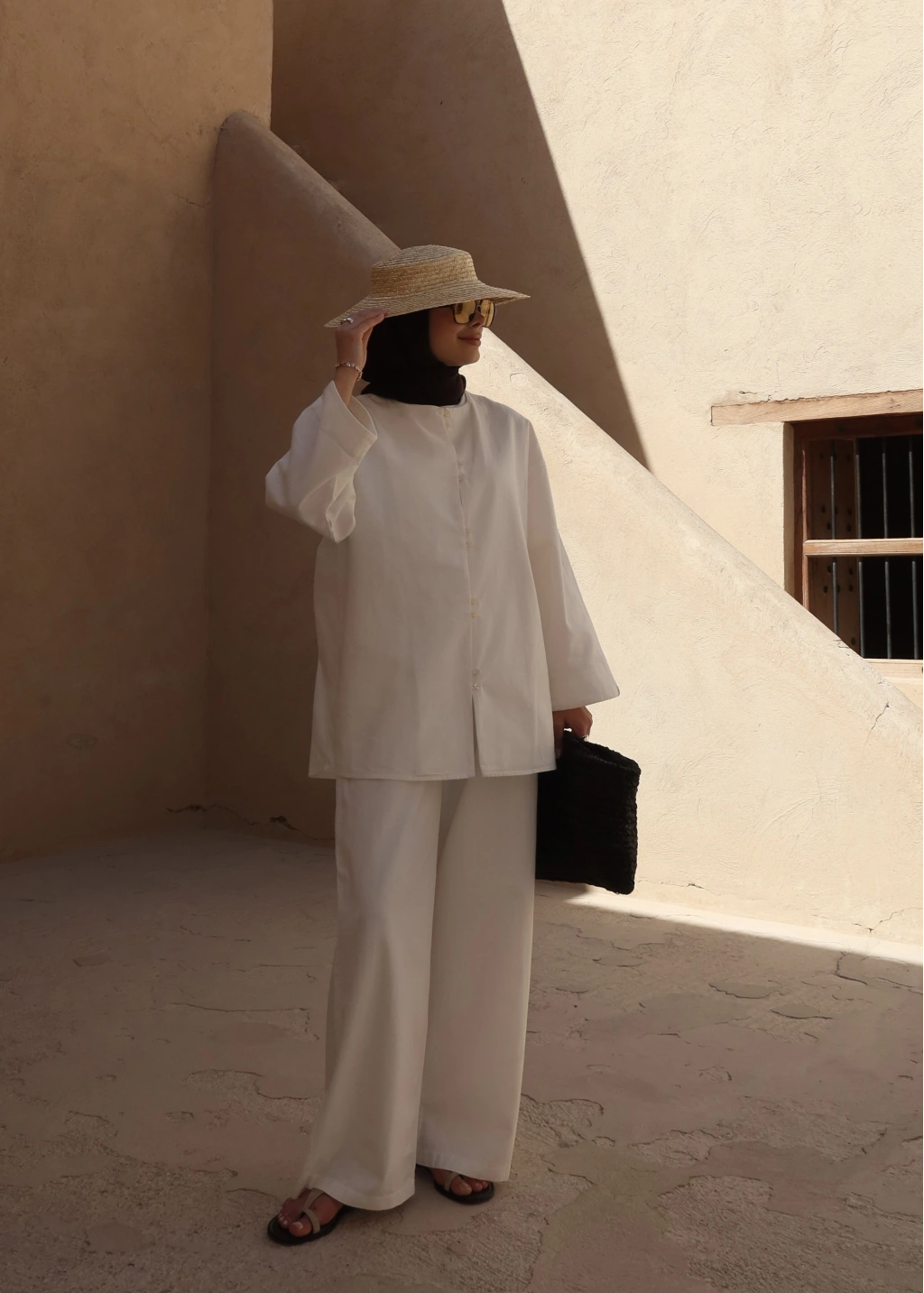 White Button Detail Linen Set – Adjustable Waist