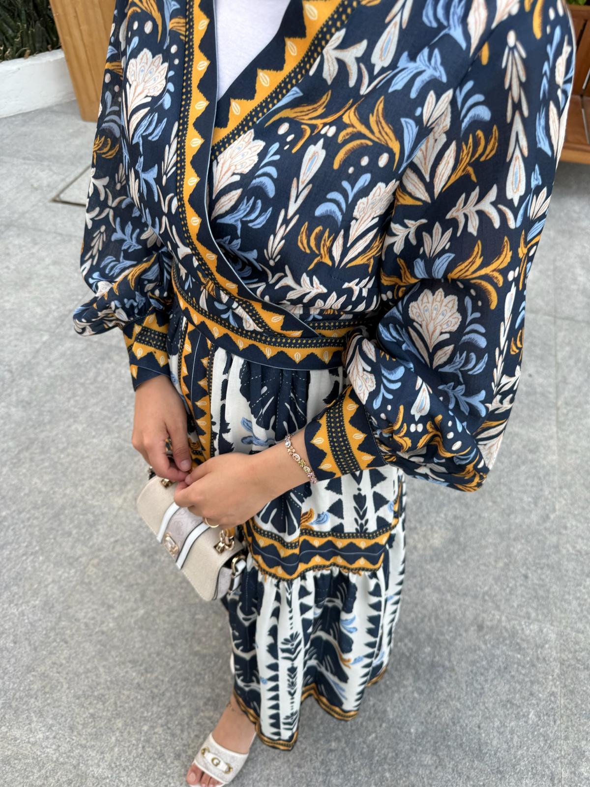 African Print Kimono & Skirt Set – Blue
