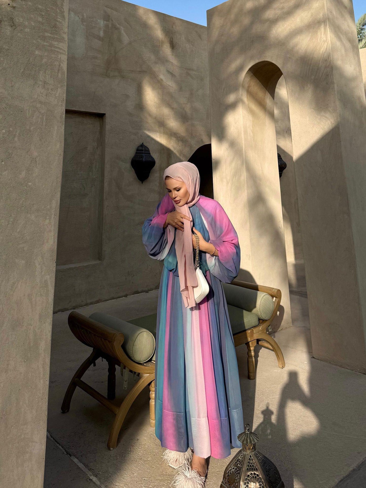 Pink Ombre Chiffon Blouse & Skirt Set