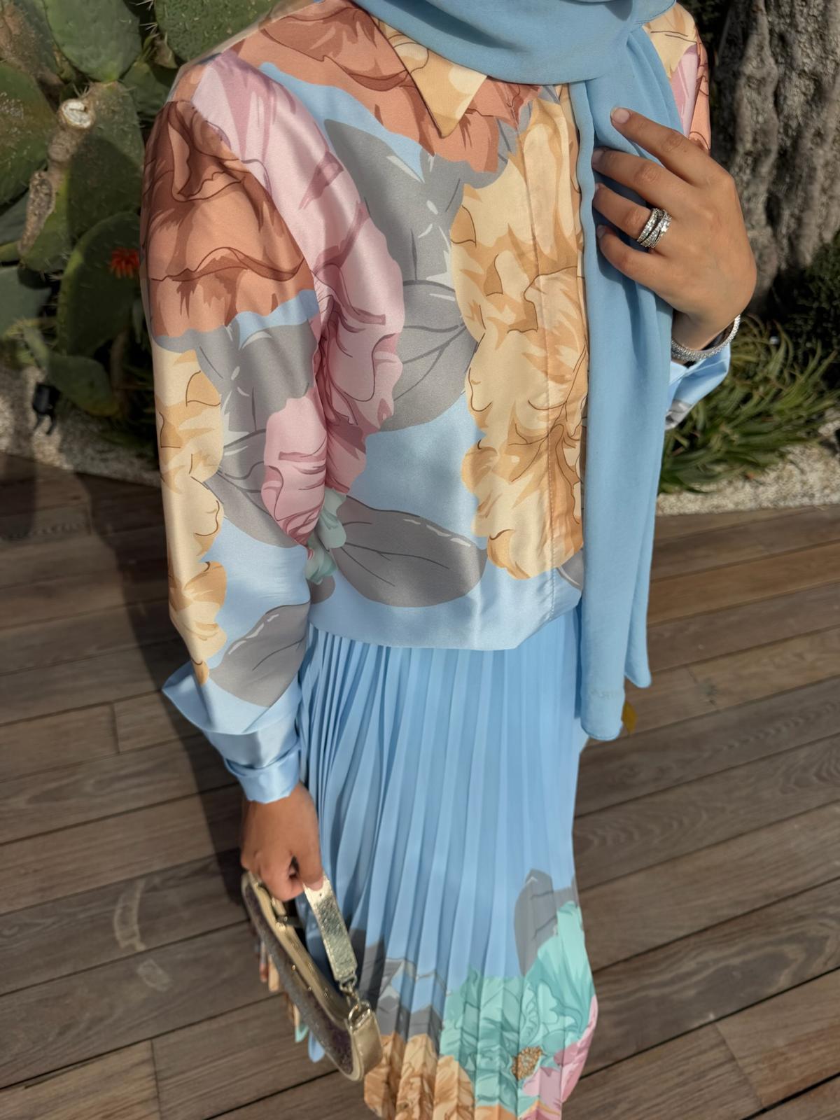 Floral Blue Pleated Set