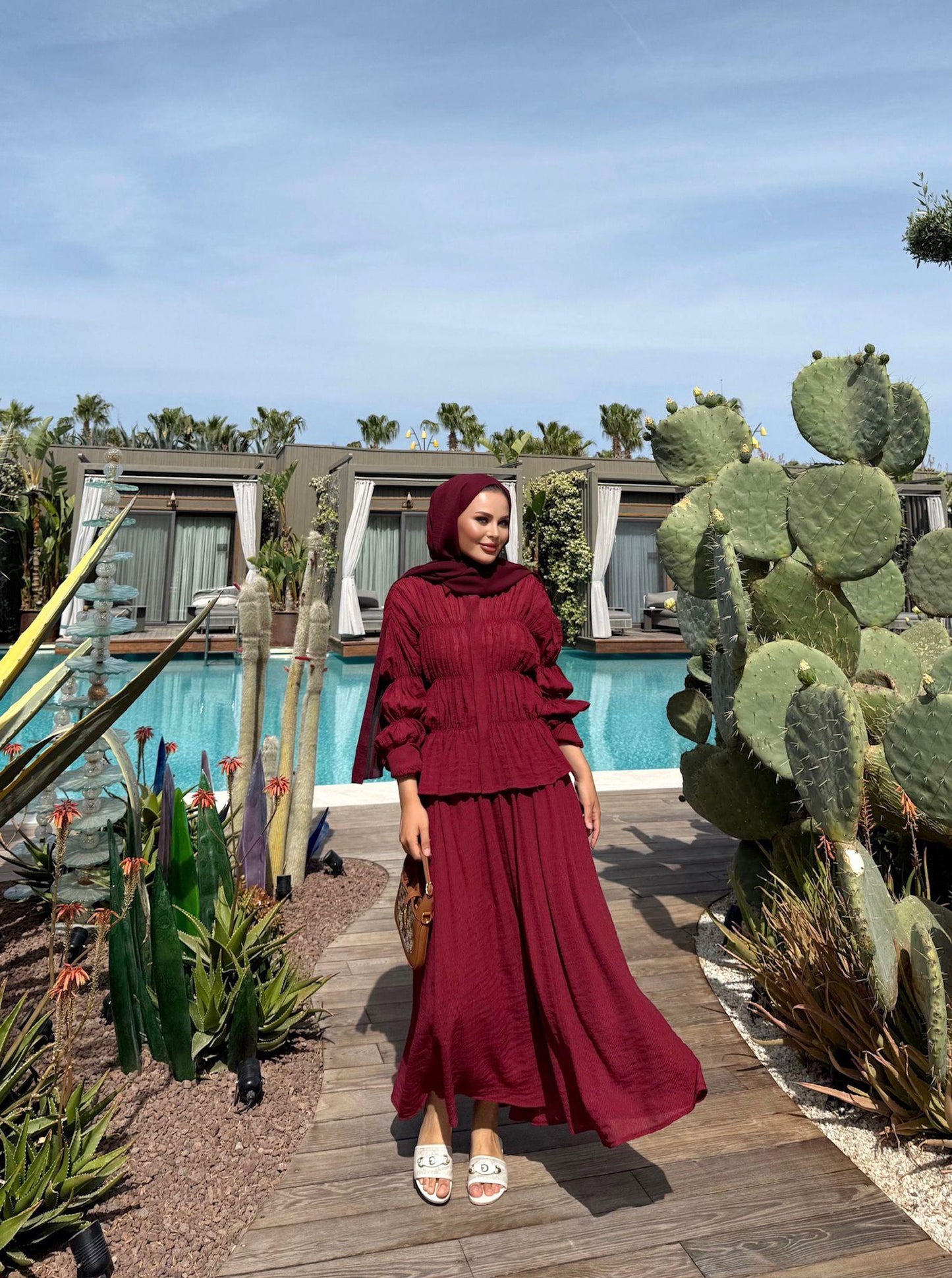 Lightweight Blouse and Skirt Set with in Burgundy