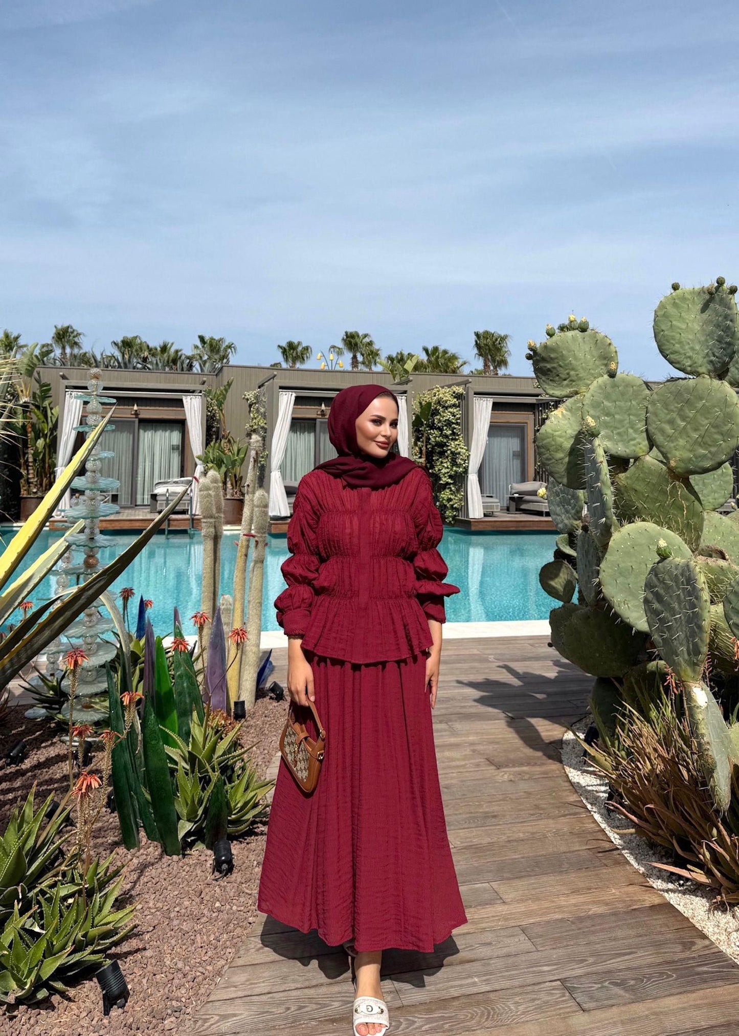 Lightweight Blouse and Skirt Set with in Burgundy