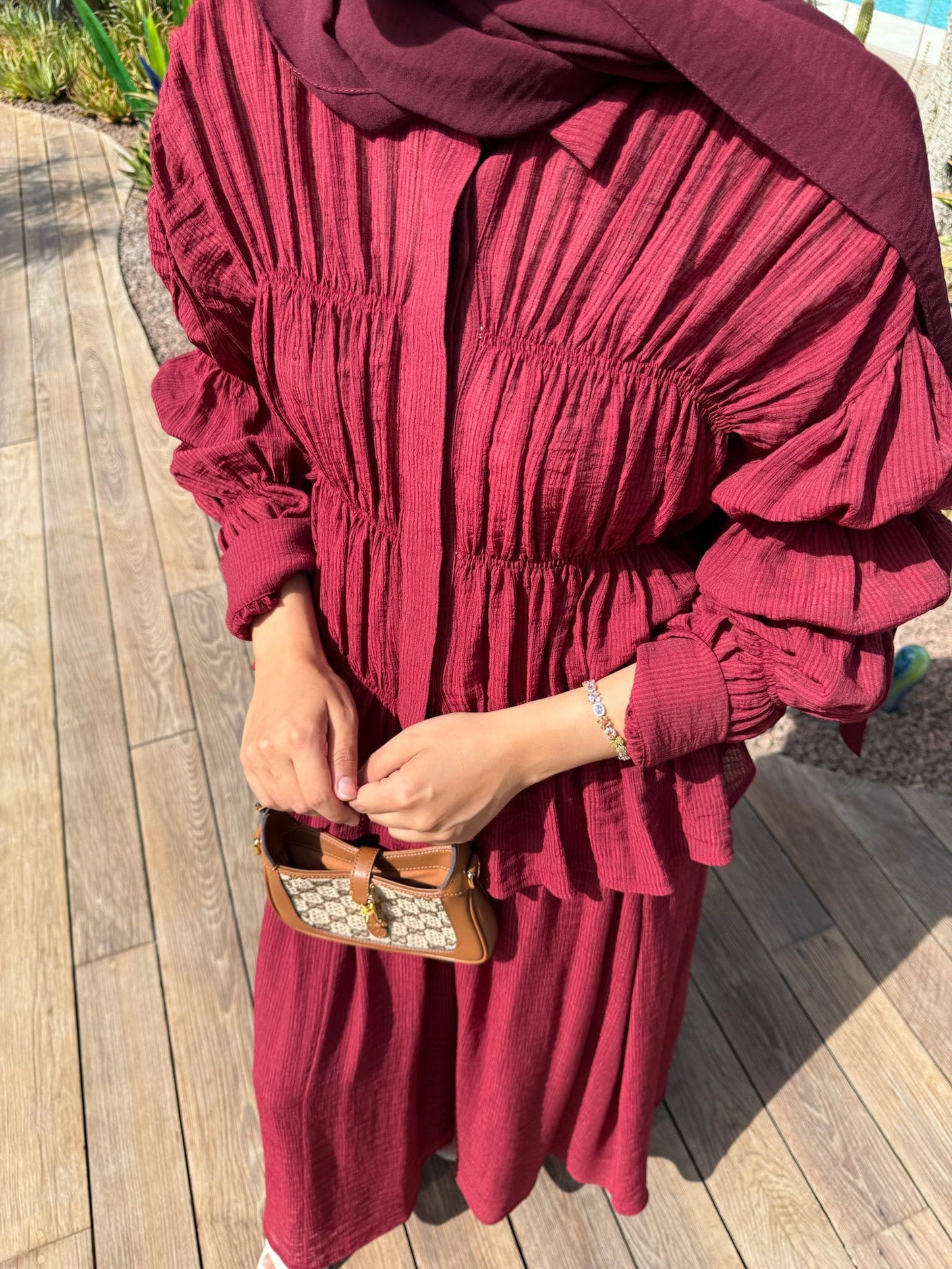 Lightweight Blouse and Skirt Set with in Burgundy