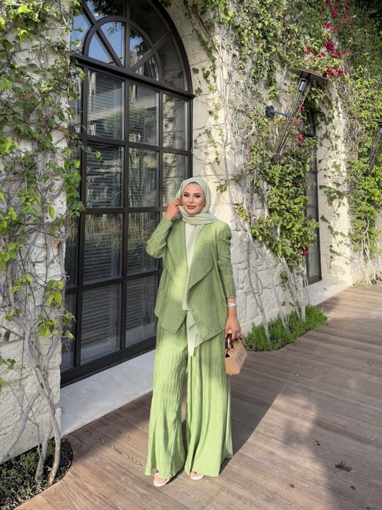 Pistachio Green Pleated Kimono & Trousers Set