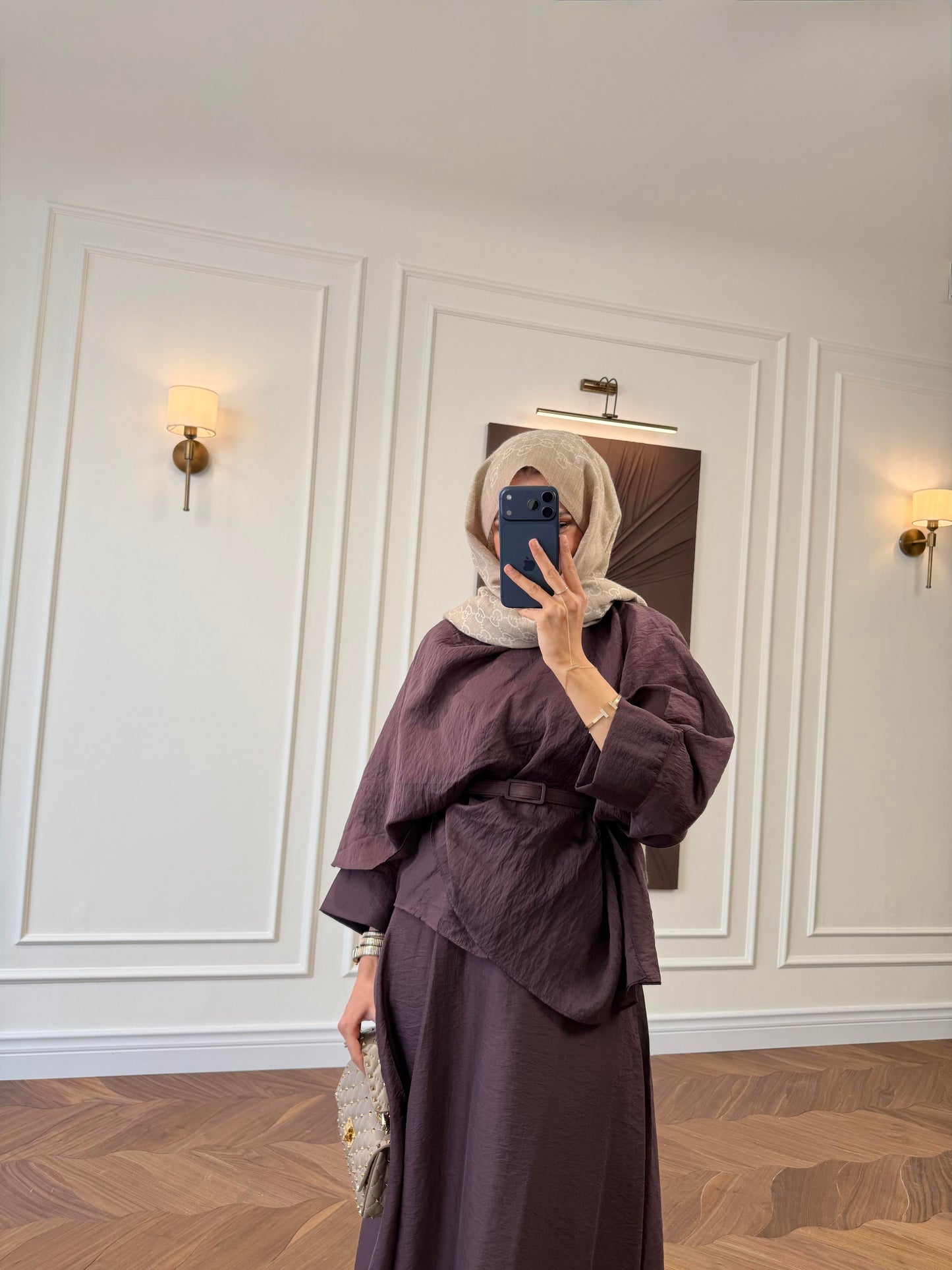 Belted Cape-Sleeve Top & Flared Maxi Skirt Co-ord Set Burgundy